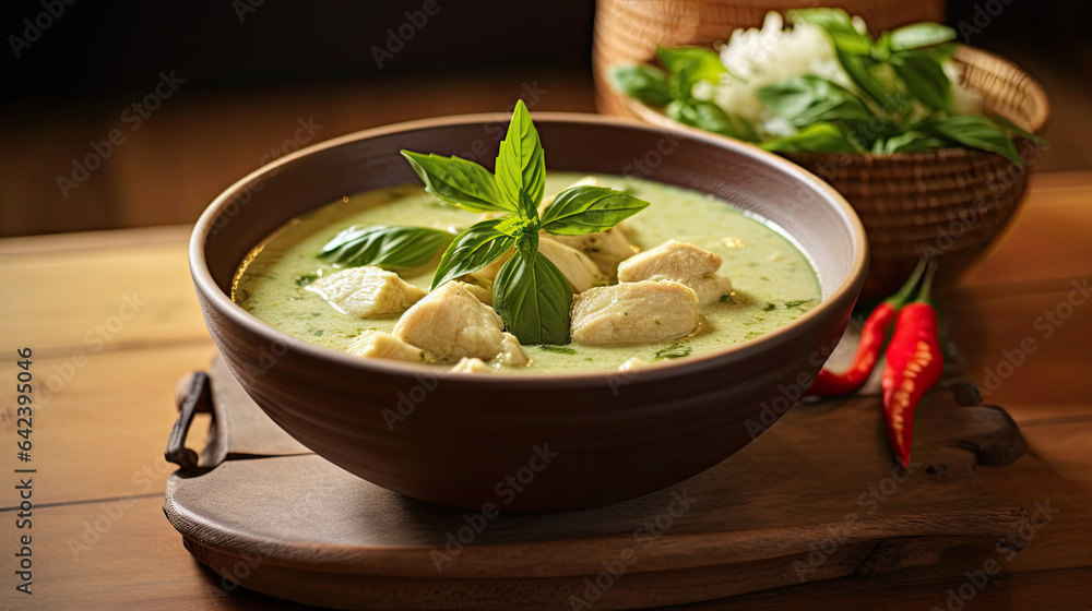 Thai food, Green curry chicken with coconut curry on the wooden floor background. Generative Ai