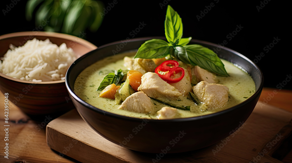 Thai food, Green curry chicken with coconut curry on the wooden floor background. Generative Ai