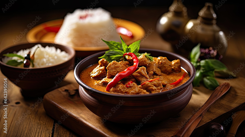 Thai food, Spicy thai curry with pork meat serving with rice and decorating with herbal vegetable in