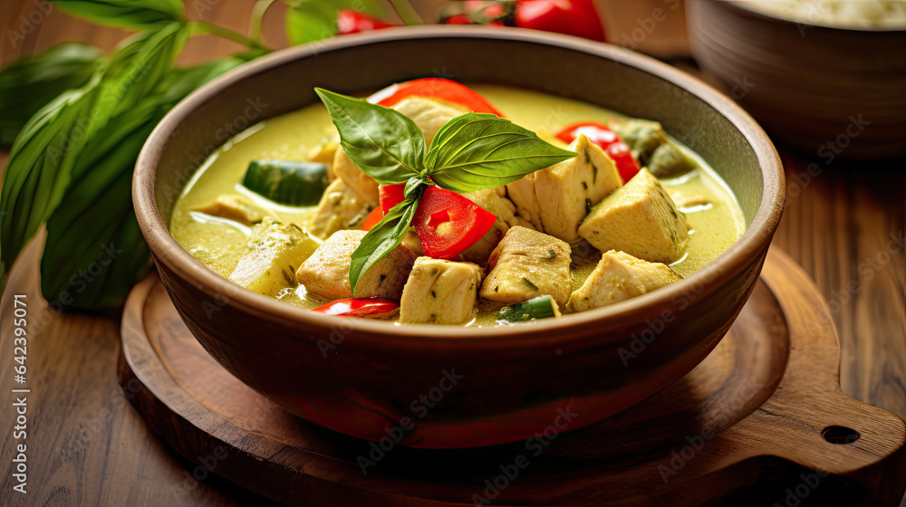 Thai food, Green curry chicken with coconut curry on the wooden floor background. Generative Ai