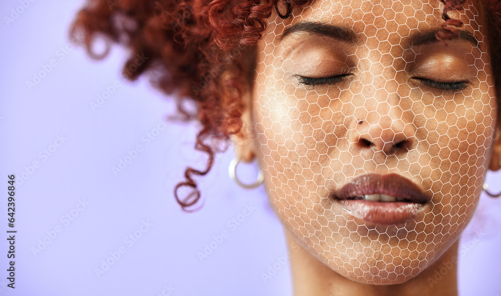 Skincare, mockup and a facial recognition for beauty with a woman on a purple background in studio. 