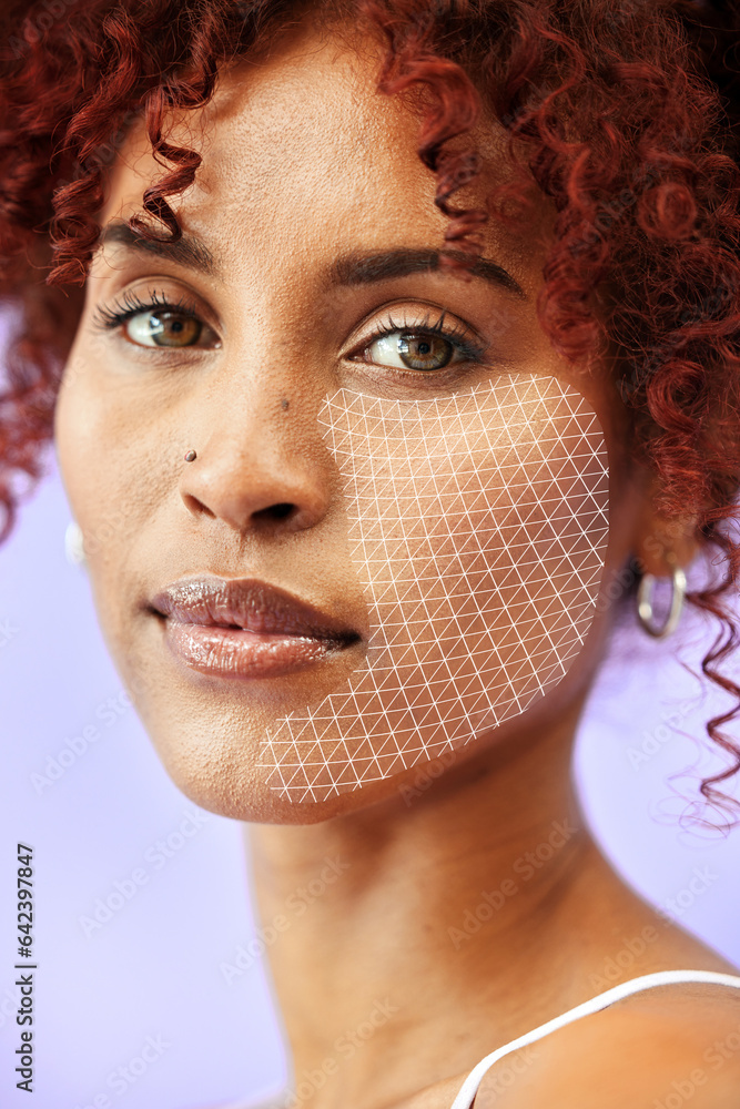 Portrait, skin and a facial recognition for beauty with a woman on a purple background in studio. Sk