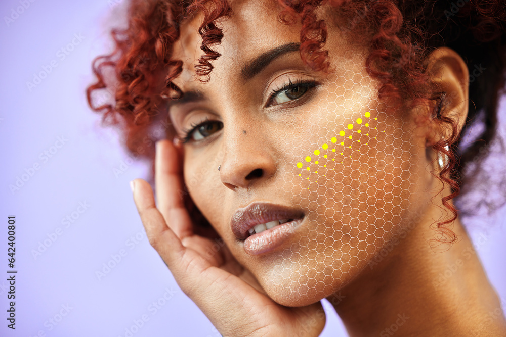 Skincare, hologram pattern and portrait of woman for beauty, facial treatment and wellness in studio