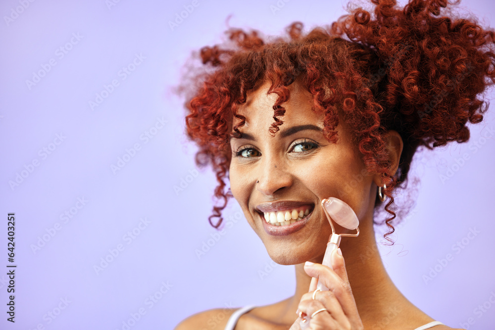 Cosmetics, portrait and happy woman with rose quartz roller for massage, facial lymphatic drainage o