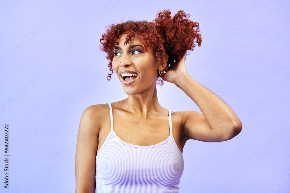 Woman, red hair and beauty with smile in a studio, curls and dermatology with makeup isolated on pur