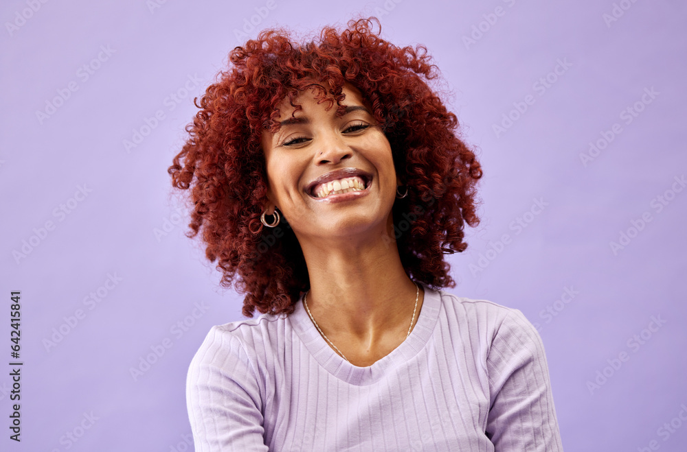 Natural, African beauty and portrait of woman in fashion with confidence, pride and smile on purple 