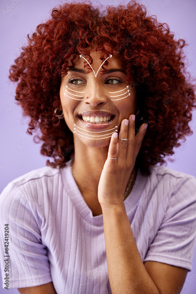 Facial recognition, shape and a woman on a purple background for skincare, wellness or beauty. Smile