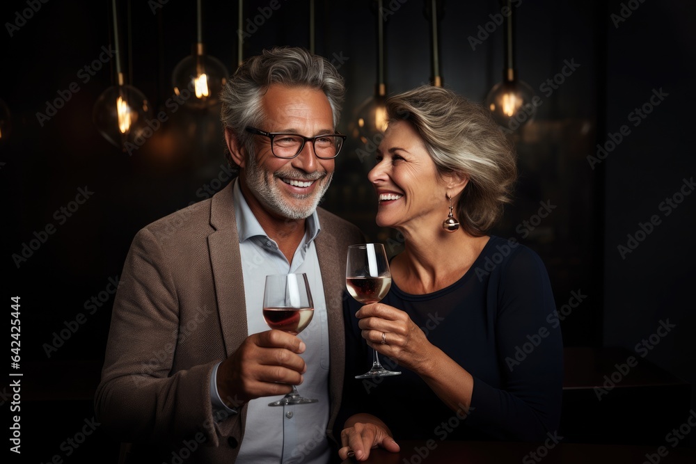 Portrait of a happy grey-haired couple looking at each other in love at a party with lots of lights.