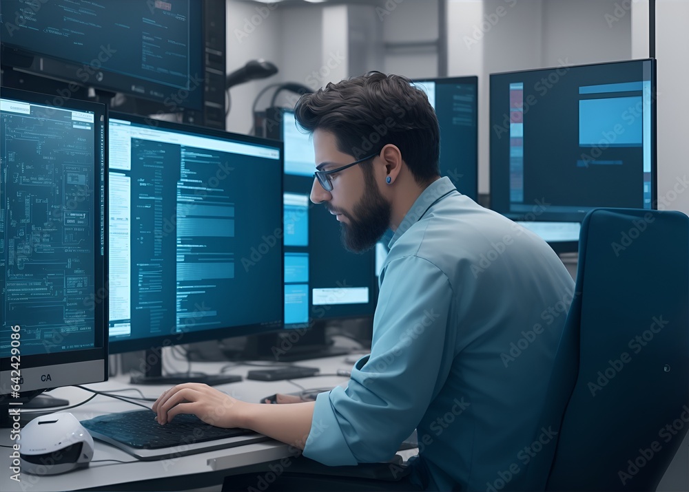 Male programmer working on a new project. He working late at night at the office.