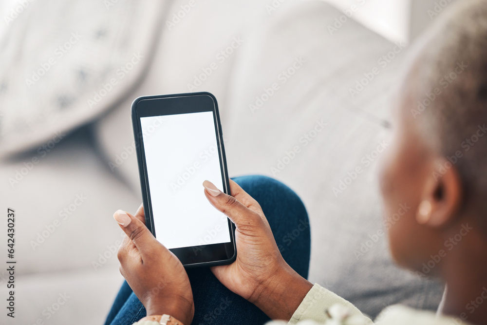 Hands of woman on sofa with phone screen, scroll and social media, message or video online. Technolo