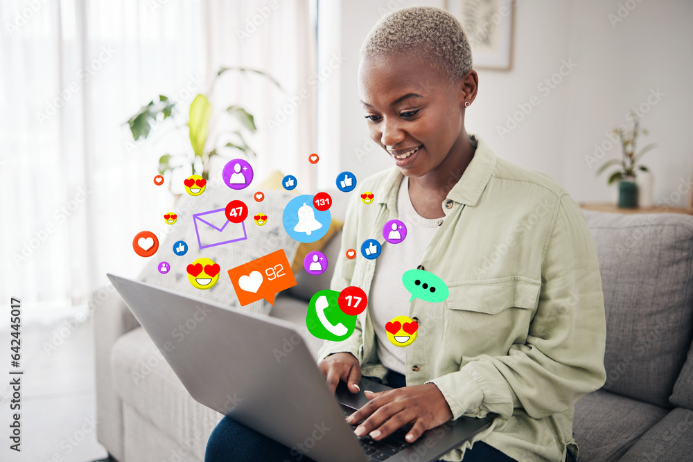 Laptop, social media icon or happy woman typing for communication, message or online chat. Emojis, n