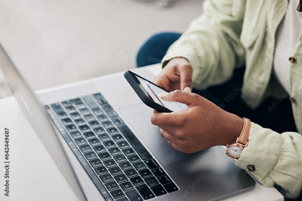 Hands, woman and laptop with smartphone, typing and connection with network, online reading and mobi