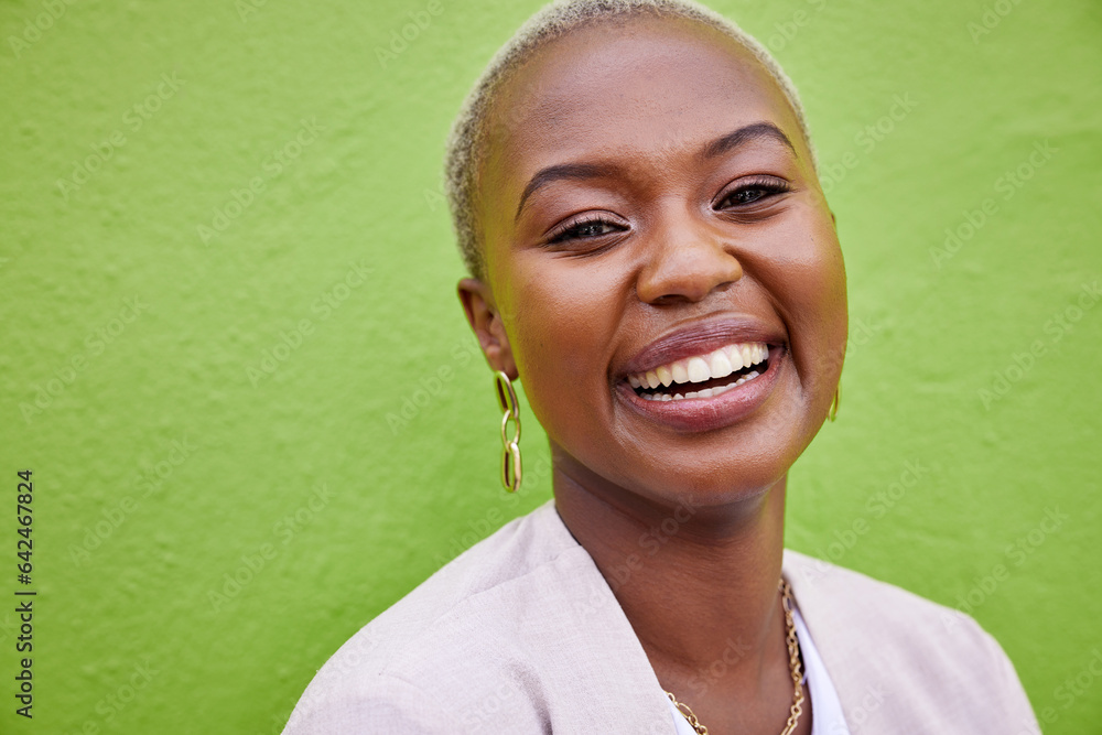 Portrait, fashion and funny black woman on green wall background mockup space. Face, smile and confi