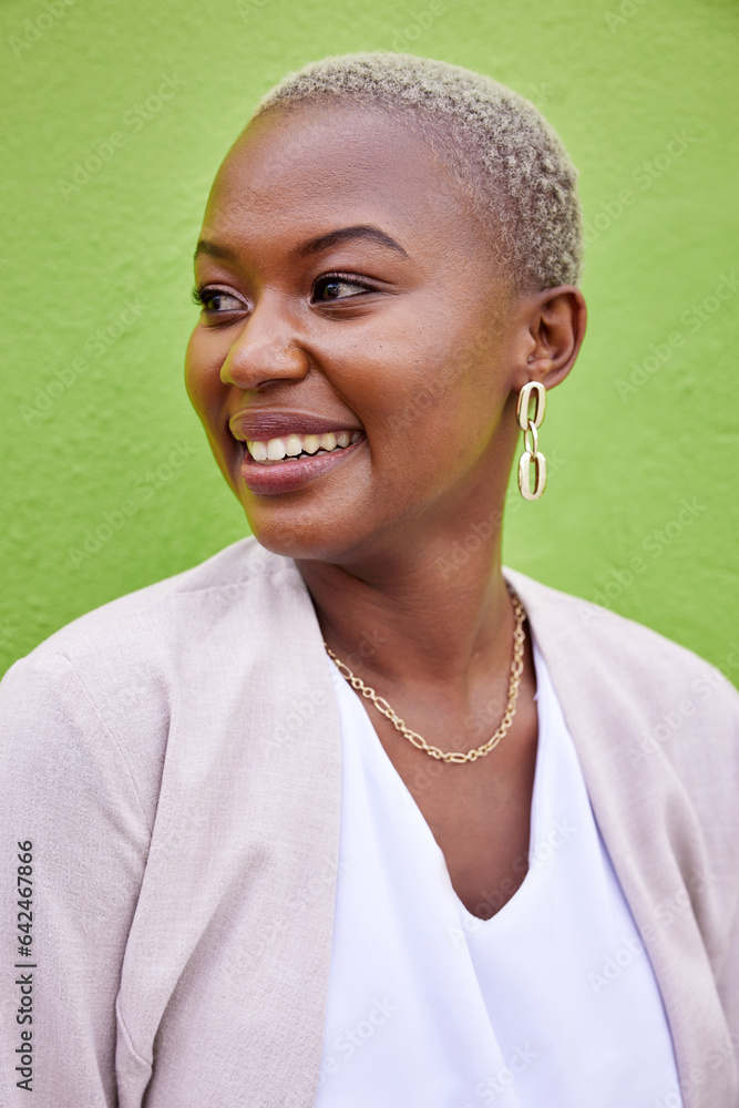 Happy, idea and young black woman by a green wall with trendy, classy and elegant jewelry and outfit