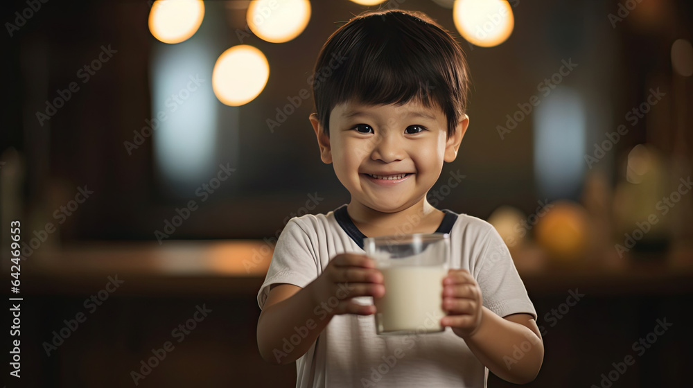 A little boy cute kid holding a cup of milk, feel happy enjoy drinking milk  in kitchen. Generative 