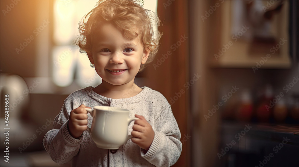 A little boy cute kid holding a cup of milk, feel happy enjoy drinking milk  in kitchen. Generative 