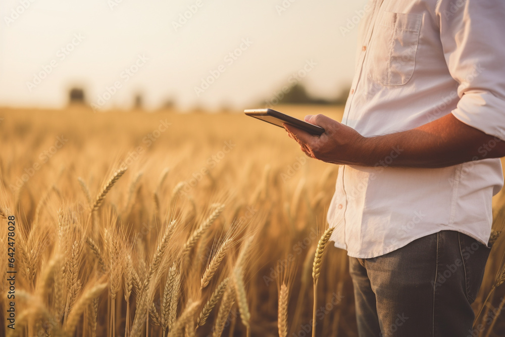 Modern and future farming, farmer using drone and robots technology in farm fields. Generative AI