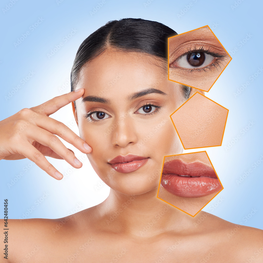 Skincare, dermatology and portrait of woman with overlay in studio for wellness, beauty and cosmetic