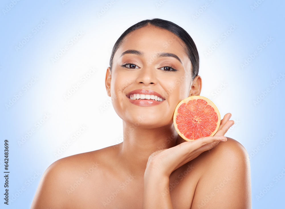 Beauty skincare, portrait and happy woman with grapefruit treatment results, natural self care or fr