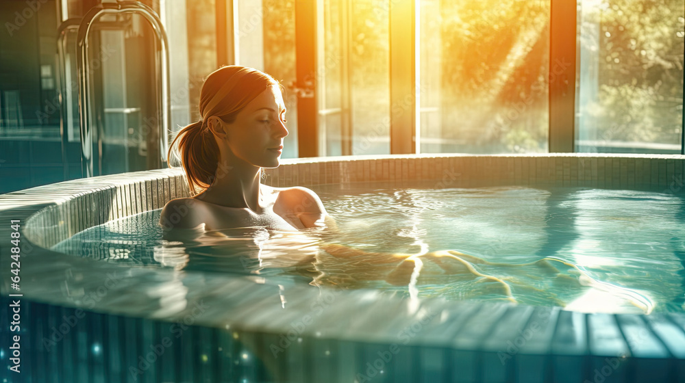 A young woman relaxing in the jacuzzi pool at spa. Generative Ai