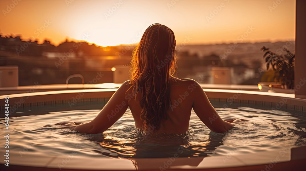 Luxury travel vacation woman relaxing in hotel jacuzzi pool watching sunset. Generative Ai