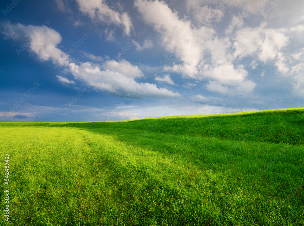 Minimalistic landscape. A clouds before a storm. Field and pasture for animals. Agricultural fields 