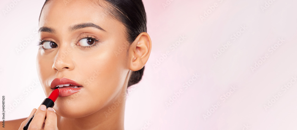 Red lipstick, mockup and face of woman with makeup or cosmetics on pink background space and thinkin