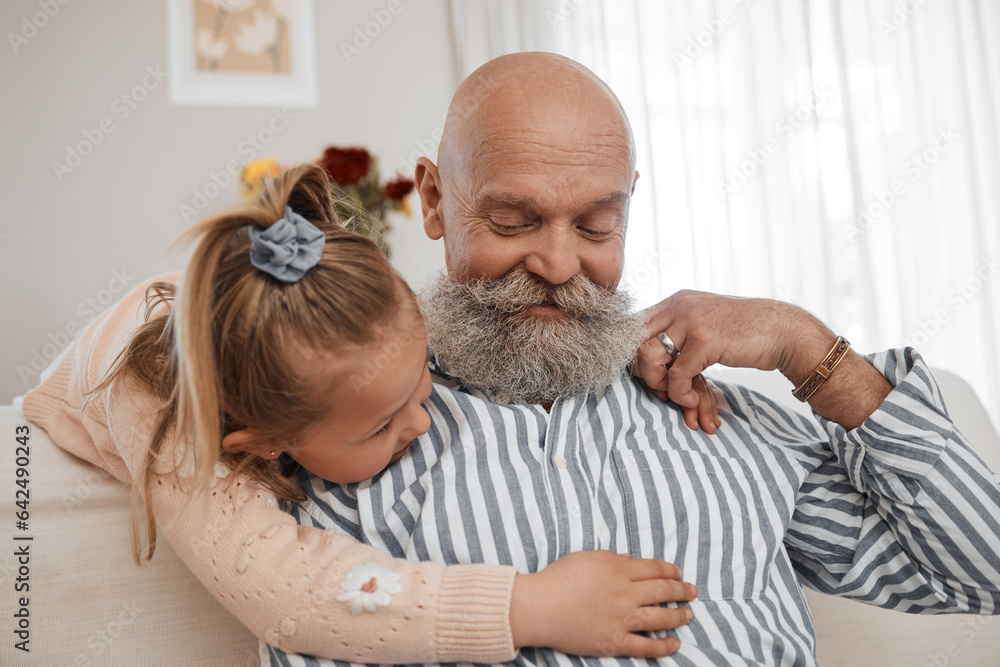 Love, couch, and child hug grandfather in a home for bonding, care and relax together in living room