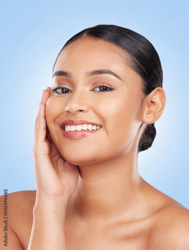 Beauty, makeup and smile with portrait of woman in studio for cosmetics, glow and self care. Health,