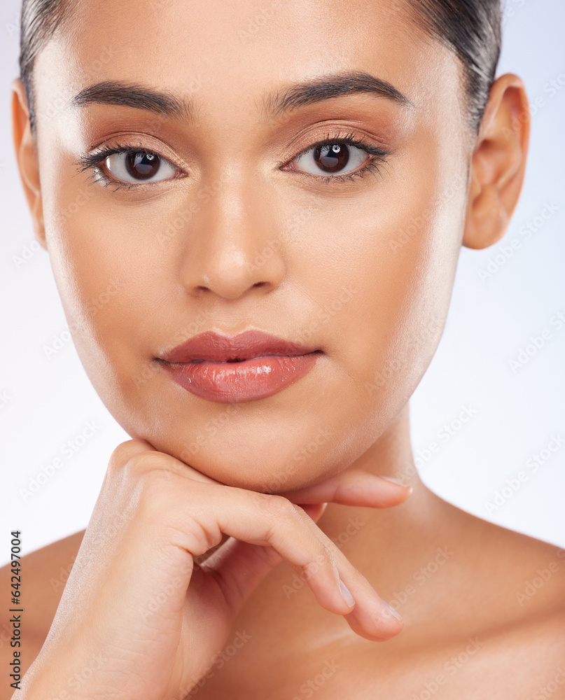 Beauty, makeup and cosmetics with portrait of woman in studio for product, glow and self care. Face 