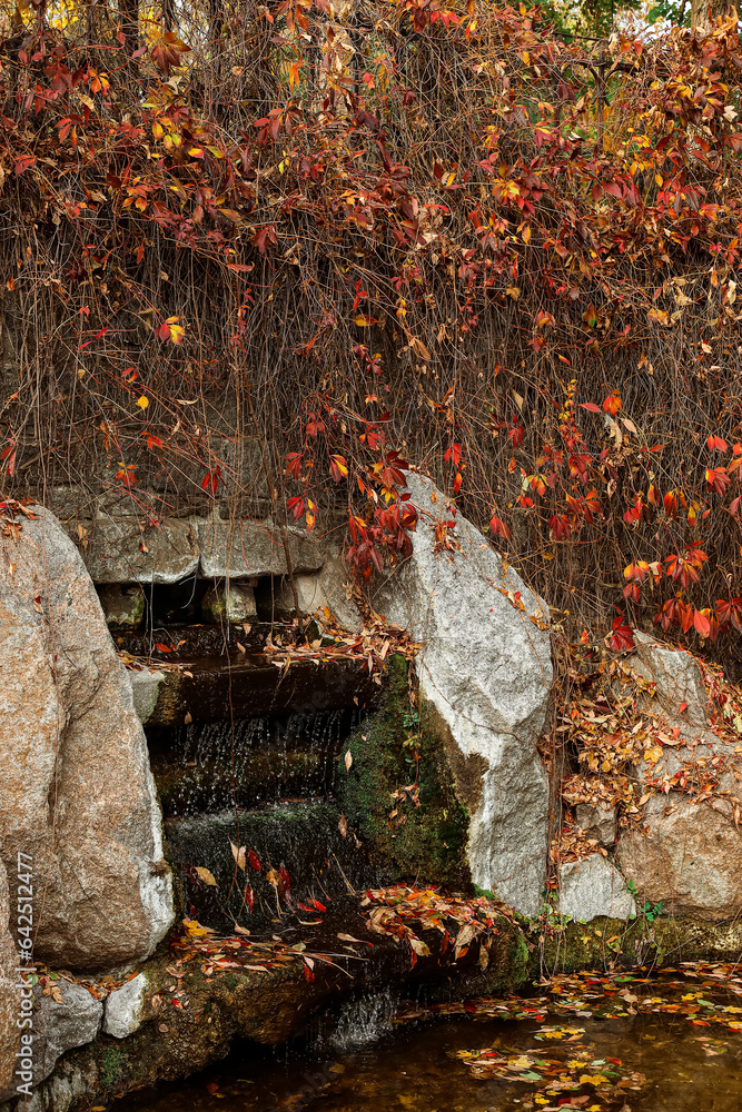 View of beautiful waterfall in autumn park