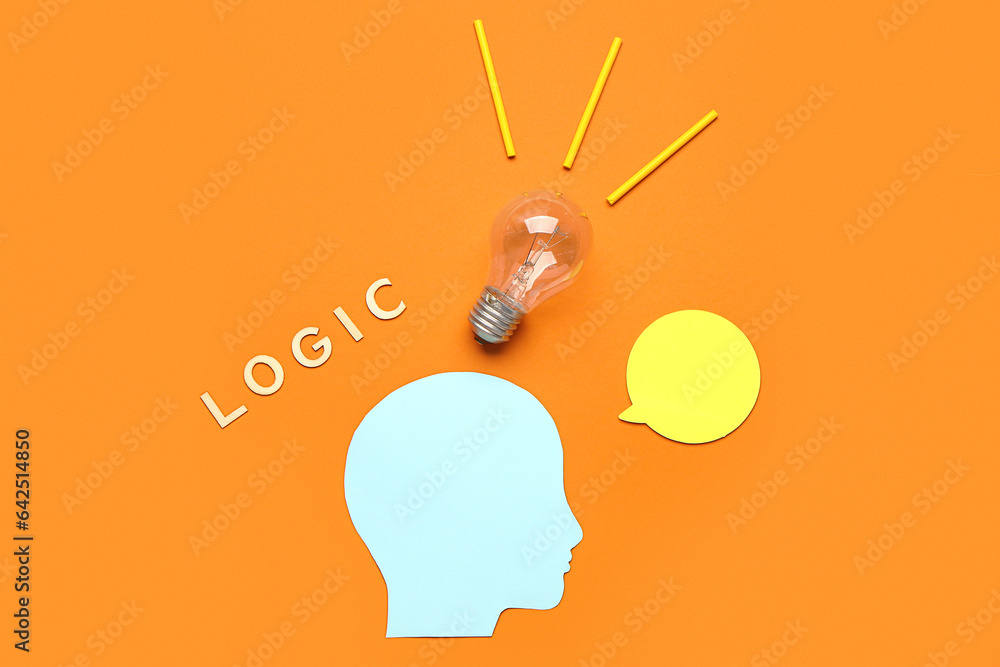 Paper human head with light bulb, speech bubble and word LOGIC on color background