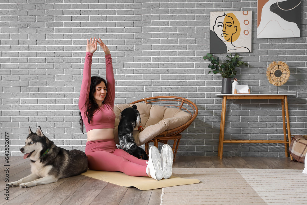 Sporty young woman with her dogs training at home