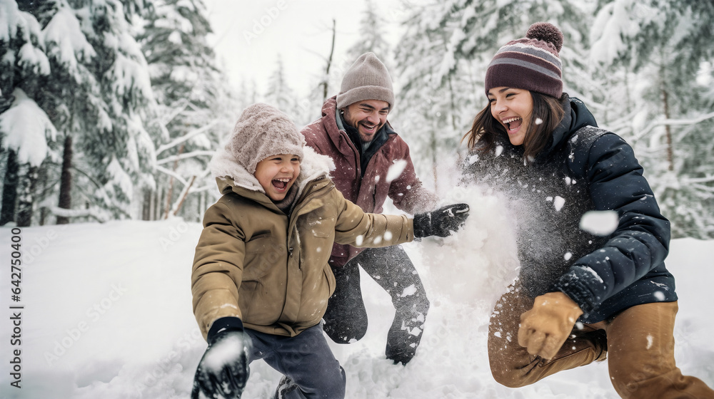 family playing in the forest. Generative AI