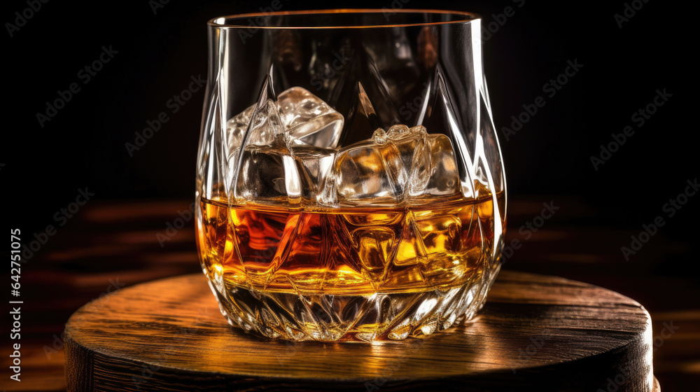 Glass of Scotch whiskey and ice sits on top of a rustic whiskey barrel. Generative Ai