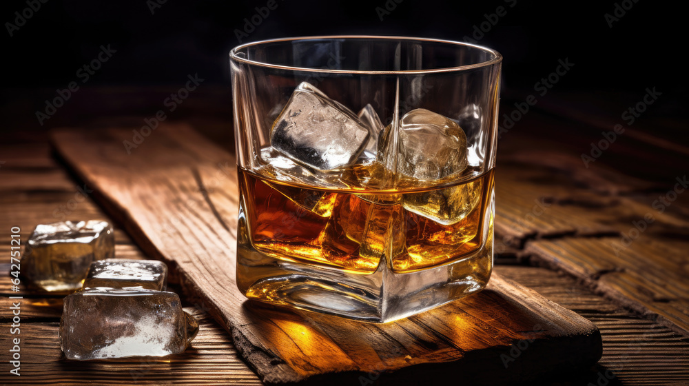 whiskey with ice on a wooden table in vintage liquor store counter with copy space is empty. Generat