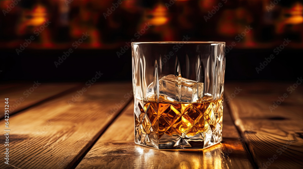 whiskey with ice on a wooden table in vintage liquor store counter with copy space is empty. Generat