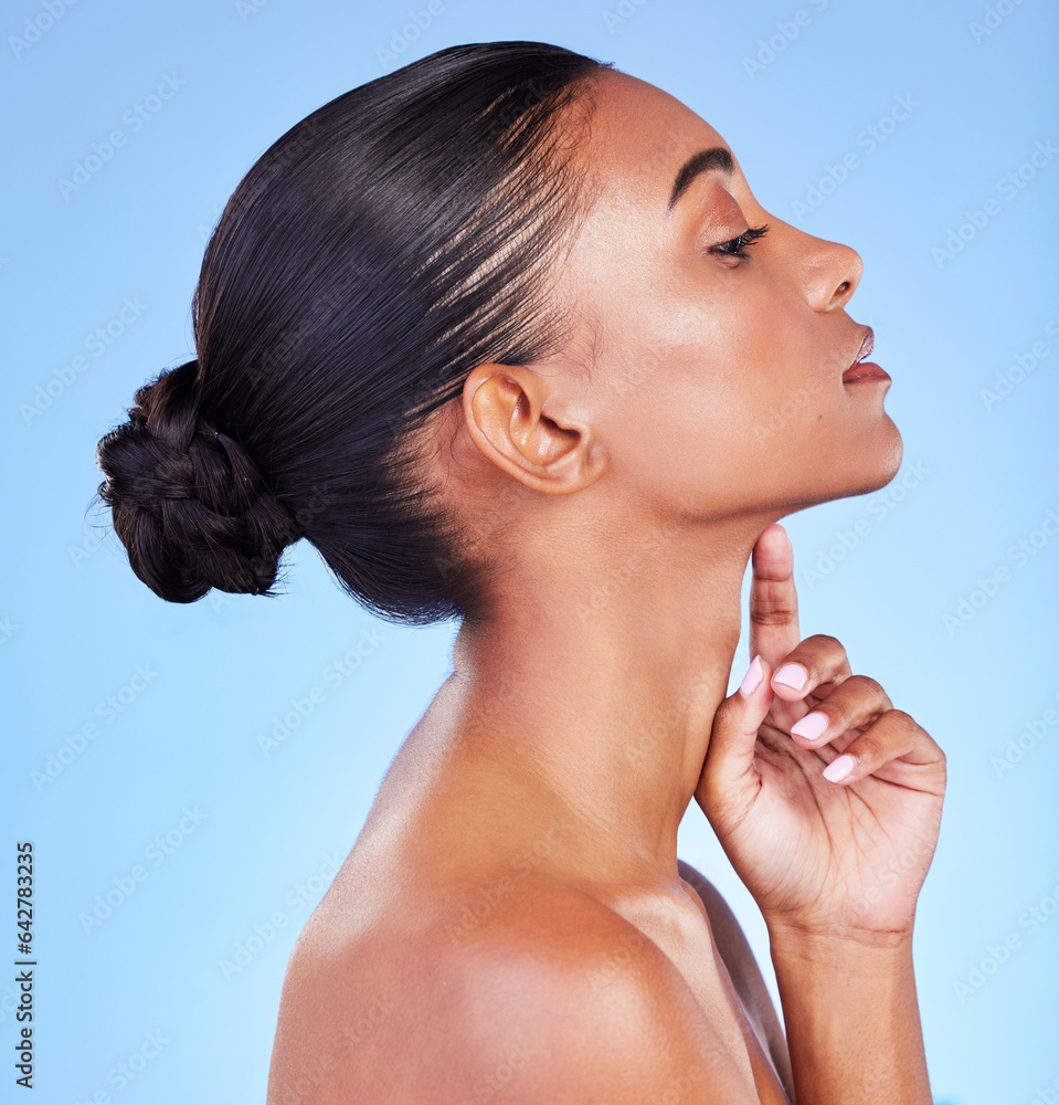 Woman, skin and profile of natural beauty, skincare or shine from cosmetics on blue background in st