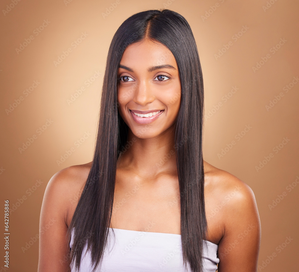 Beauty, hair care and smile with face of woman in studio for keratin, salon treatment and texture. S