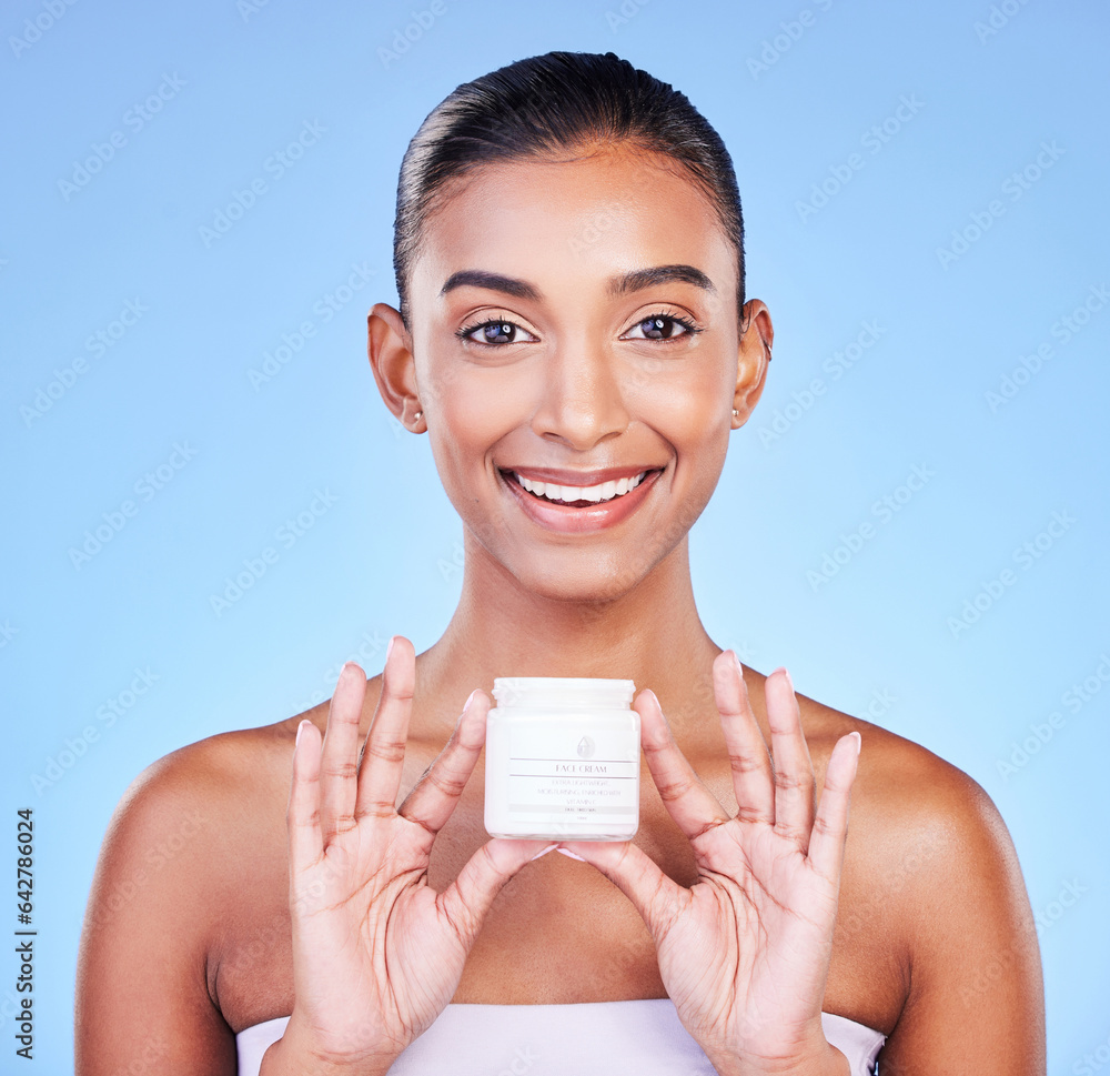 Skincare, cream and product with portrait of woman in studio for beauty, facial or moisturizer. Spa 