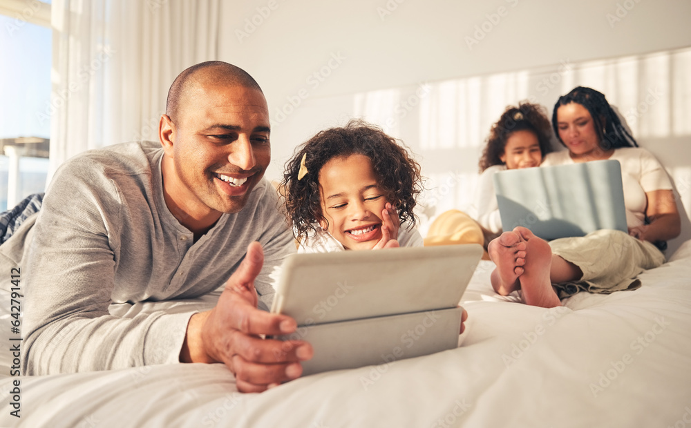 Relax, family and technology in the bedroom for movies, cartoon or education on the internet. Happy,