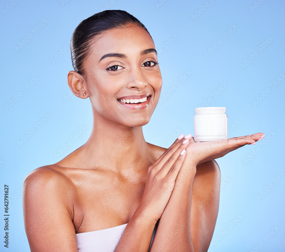 Skincare, cream and beauty with portrait of woman in studio for product, facial or moisturizer. Spa 