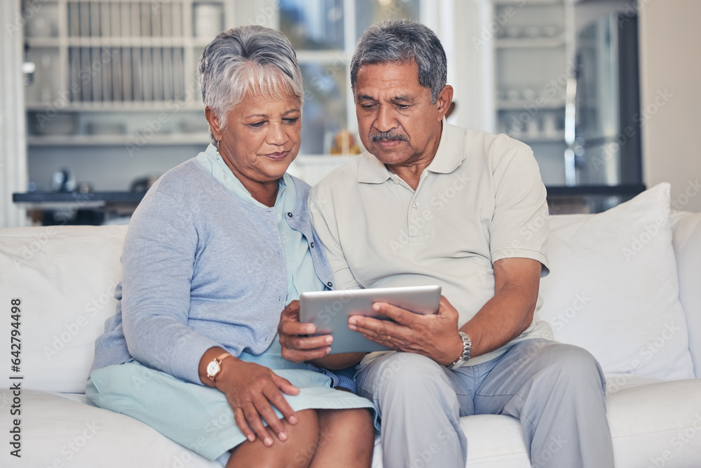 Movie, tablet and senior couple streaming online show with love, care and bonding in home living roo