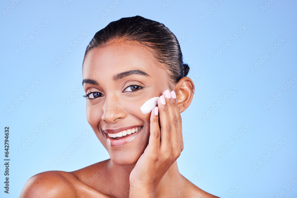 Skincare, cream and moisturizer with portrait of woman in studio for beauty, facial or product. Spa 