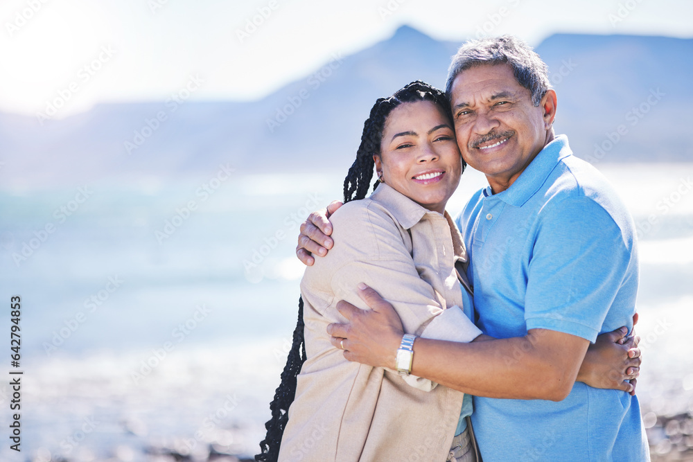 Hug, beach or portrait of senior father bonding in Brazil to relax with love, smile or care in retir