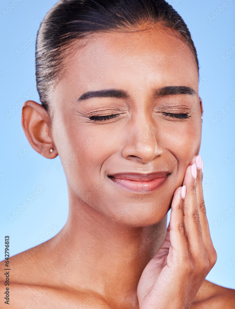 Toothache, sad and a woman with mouth pain on a blue background with a dental emergency. Dentist, fr