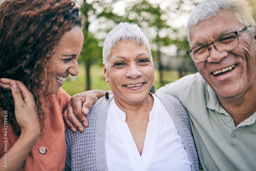 Elderly parents, happy woman or portrait at park with love, care and bond laughing on outdoor travel