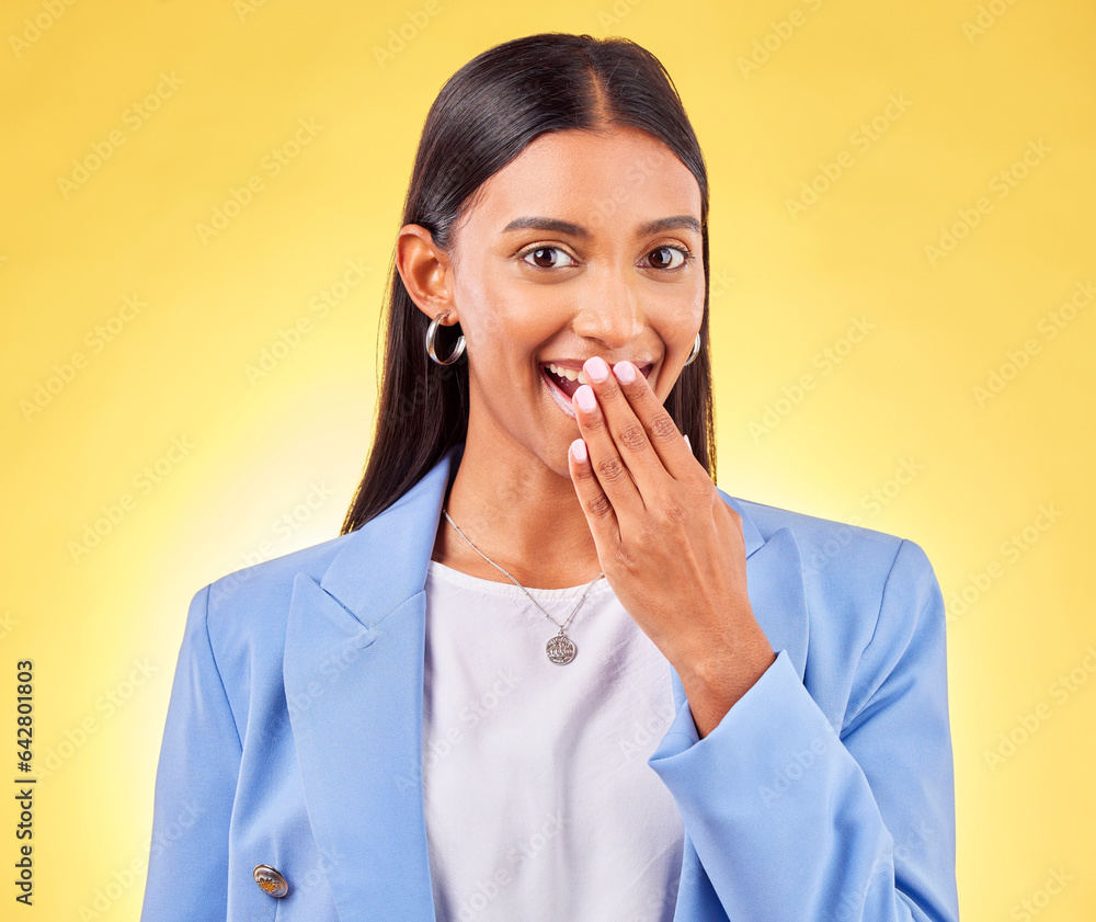 Portrait, business or woman with wow, surprise or announcement on a yellow studio background. Face, 