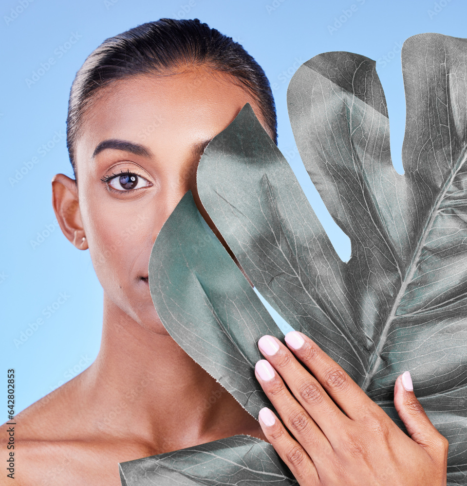 Beauty, leaf and portrait of woman in studio for eco friendly, wellness or cosmetics on blue backgro