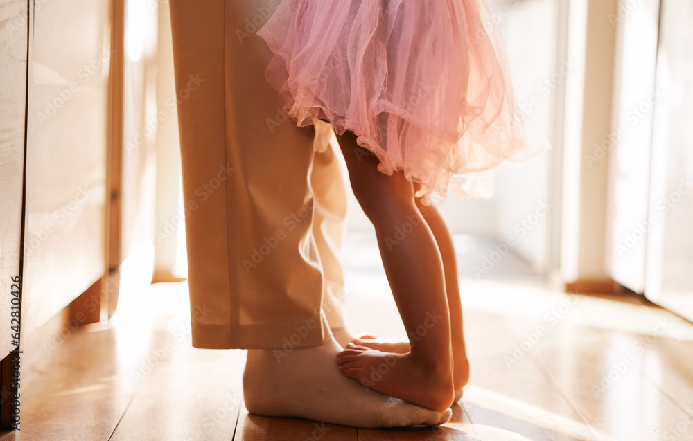 Dance, learning and feet of father and daughter for ballet, support and love. Music, help and youth 